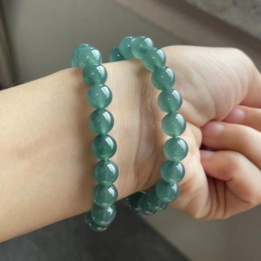 高瑞品质翡翠货高冰种起胶神蓝色圆珠单圈手链手串9精品珠子送亲朋