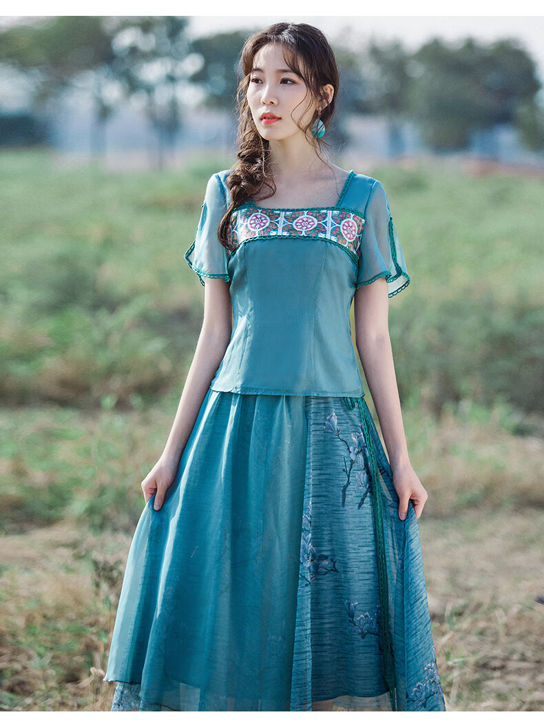 烟花烫民族风半身裙女2020夏季新款花枝图案森系文艺裙子zg迷途蓝绿色