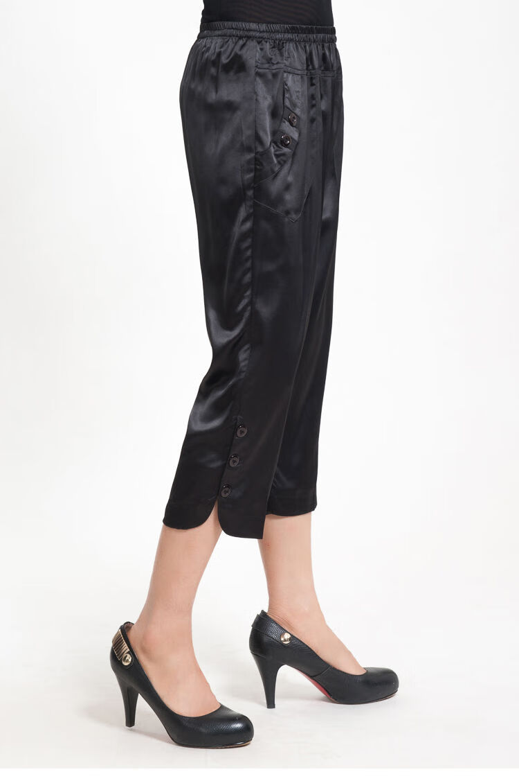 夏季新款仿桑蚕丝百搭七分裤松紧腰仿真丝裤子女中老年女装米白色xl