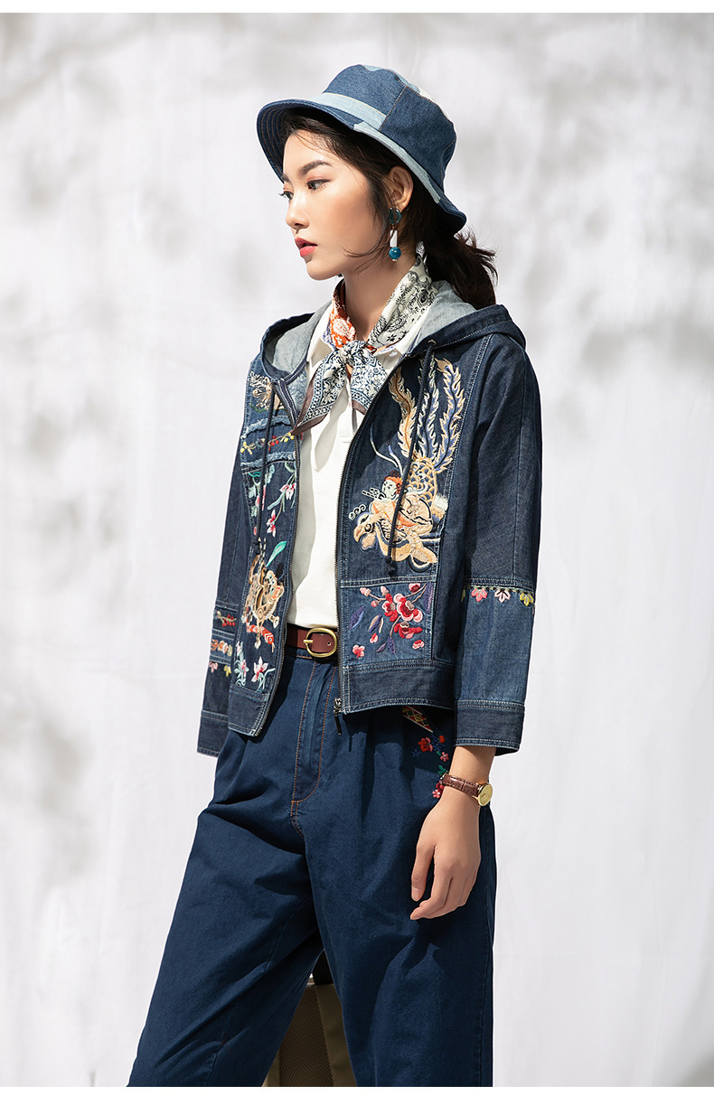 渔牌女装外套新款2022薄款名族风国风绣花休闲牛仔夹克女 牛仔蓝 180