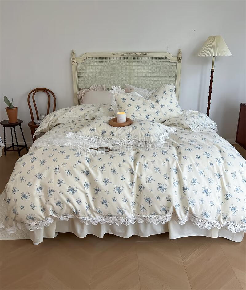 法式复古小花四件套法式复古风小碎花蕾丝花边床上四件套少女心被套