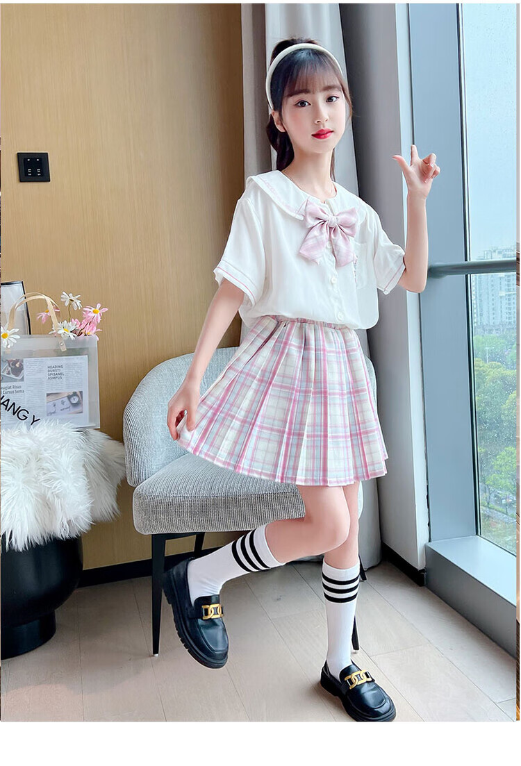 套裙2022年夏季中大童衬衫两件套小女孩短裙百搭jk半身裙314岁粉色130