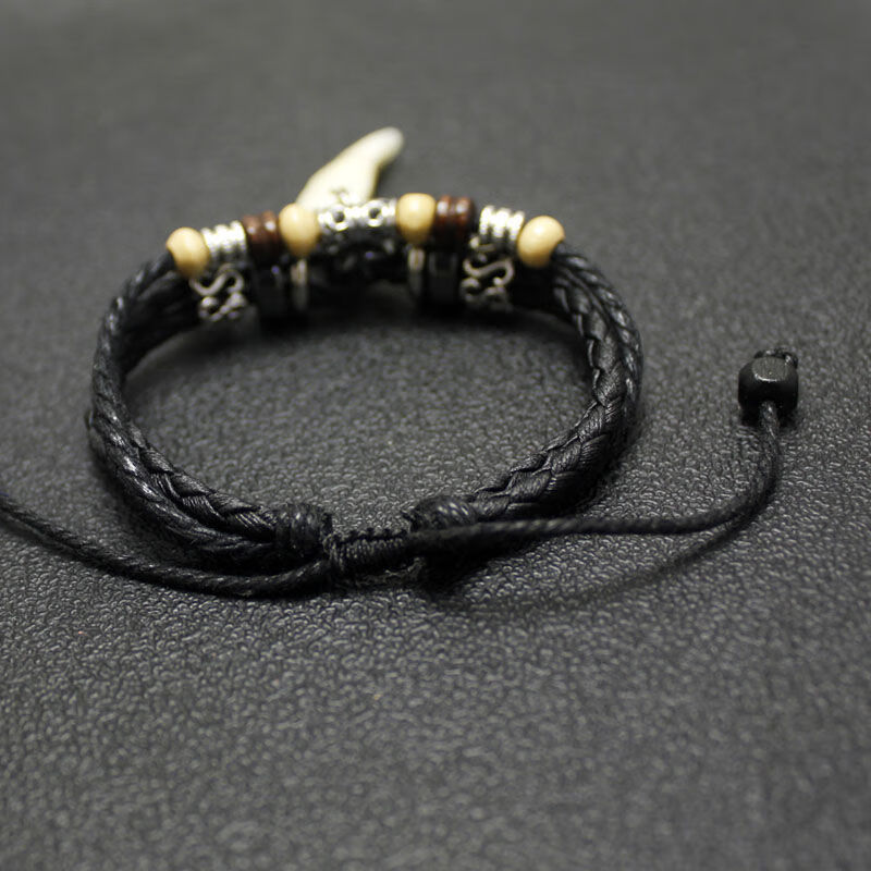 男士手链皮真黑狗牙犬牙招桃花编织手绳本命年男女生狼牙手串生日礼物