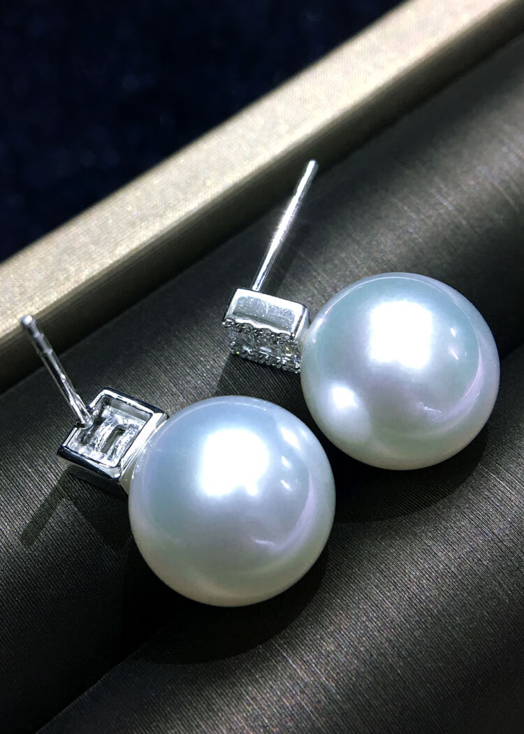 莫氏珠宝南洋珍珠耳环18k金t方钻海水珍珠耳钉女正圆无暇定制款10天