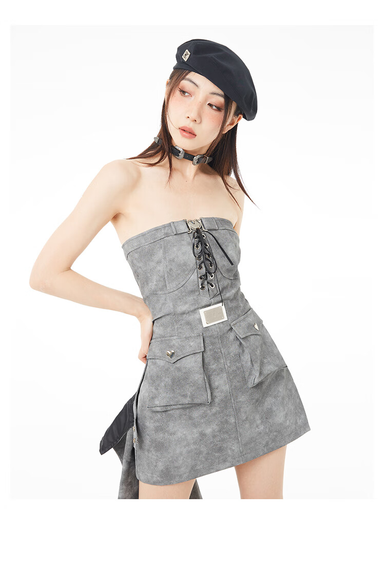 spear youth旗舰原创两件套爱心水洗pu皮辣妹短款外套上衣显瘦连衣裙