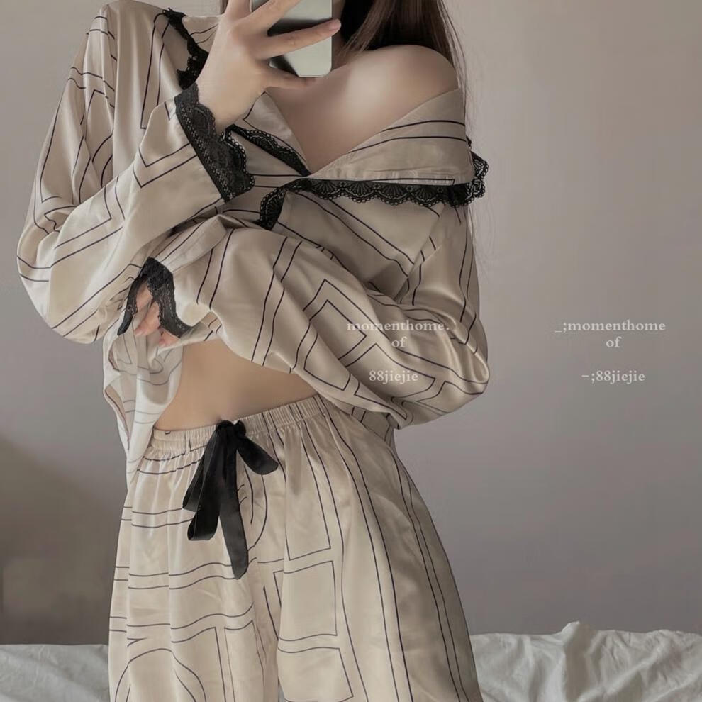 女士春季睡衣套装迪丽热巴同款睡衣蕾丝花边冰丝套装家居服女秋同款