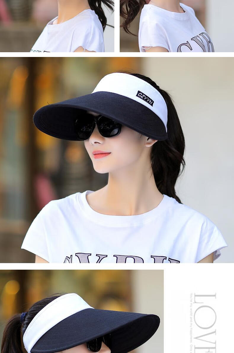 空顶太阳帽防晒遮阳帽女时尚透气户外帽子黑帽檐白色均码可调节5563cm
