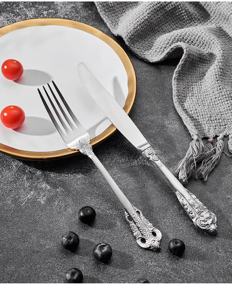 唐宗筷304不锈钢西餐刀叉浮雕牛排刀叉套装欧式复古家用西餐具套装
