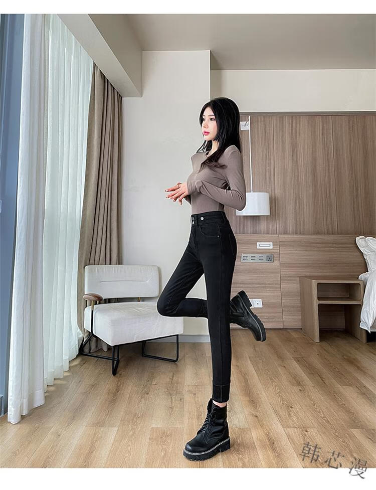 韩芯漫加绒小脚牛仔裤女紧身高腰显瘦秋冬新款少女初中生女生铅笔裤女