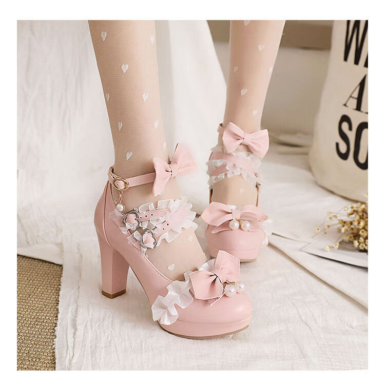 日系洛丽塔lolita甜美蝴蝶结高跟鞋女粗跟仙女茶话会一字带公主鞋 米