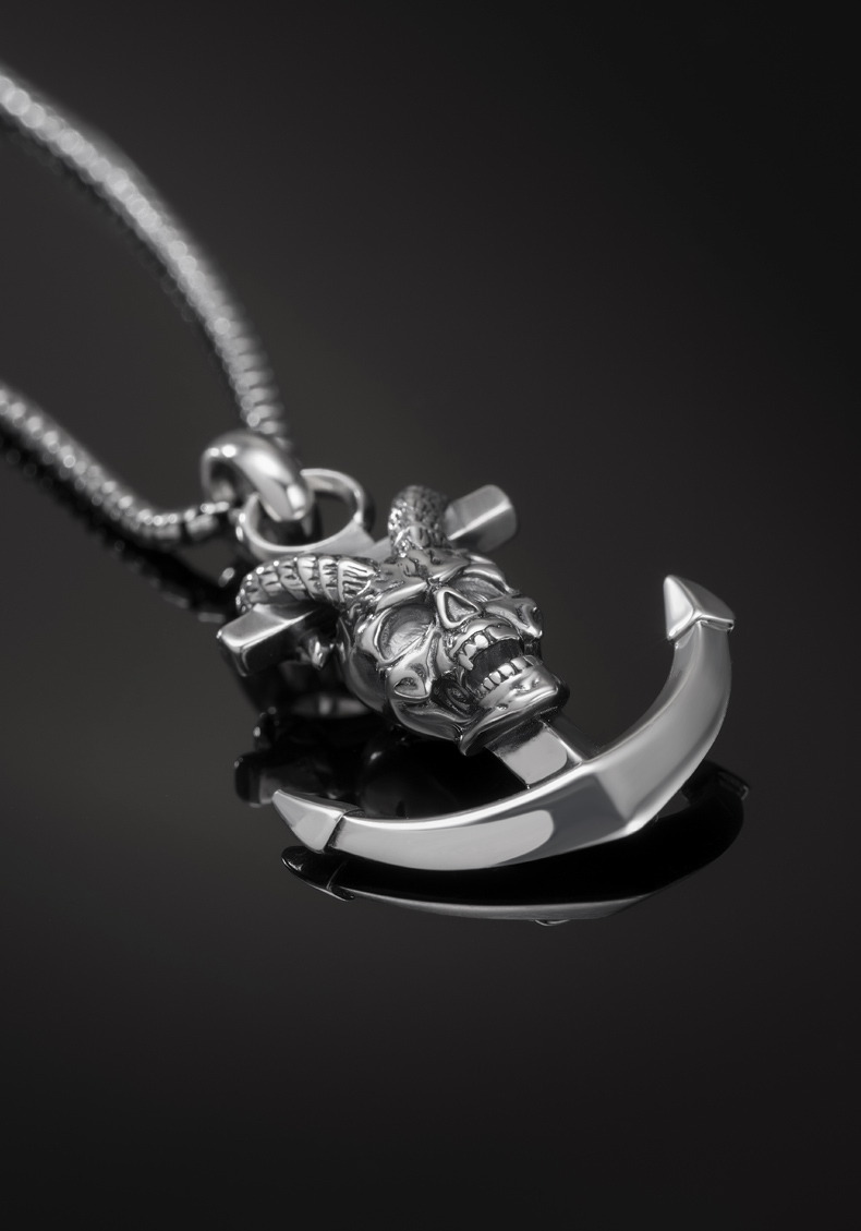 海盗船银饰项链男骷髅项链s925银个性复古项链ins冷淡风原创潮酷饰品
