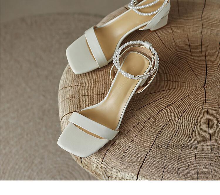 giorigojamor轻奢品牌女鞋夏季新款法式珍珠绑带蝴蝶结女一字带凉鞋粗