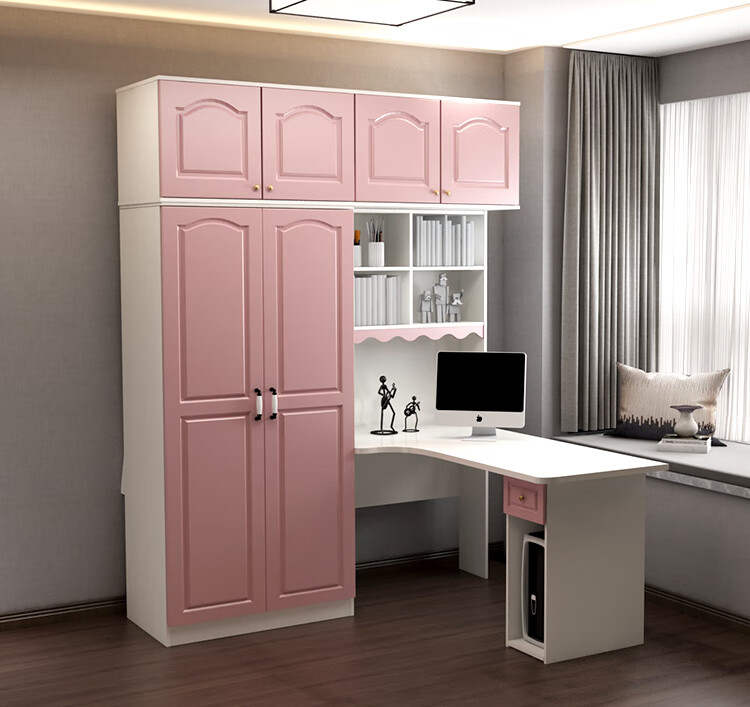 衣柜书桌组合柜阳台学习桌连书架一体小户型学生电脑桌带衣橱暖白带顶