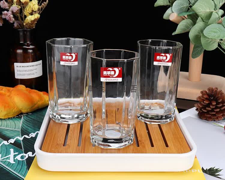德力玻璃茶杯德力青苹果八角杯家用茶杯加厚水杯透明玻璃杯果汁杯酒店