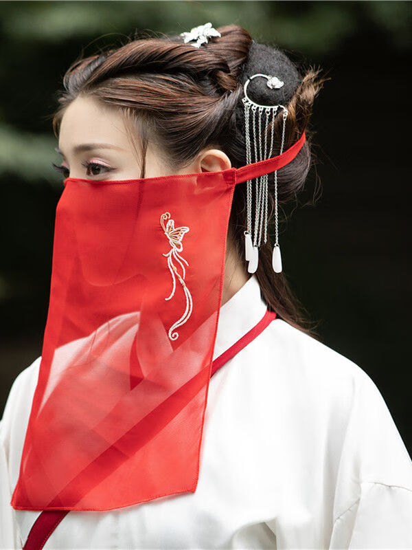 传荟汐同款绣花面纱古风面纱遮脸纱古代蒙面纱巾白色无绣花绑带款均码