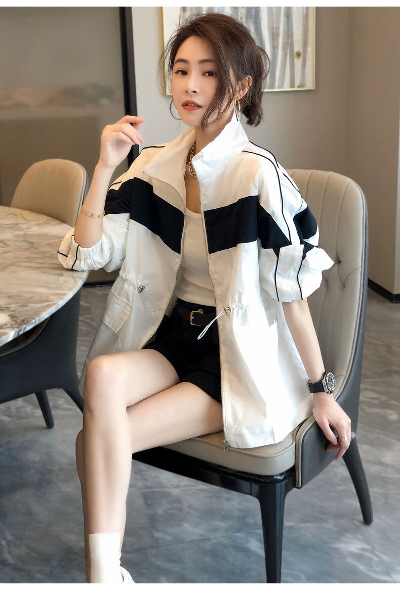 黄花地夏季薄款外套女小个子白色运动工装外套女宽松抽绳收腰休闲夹克