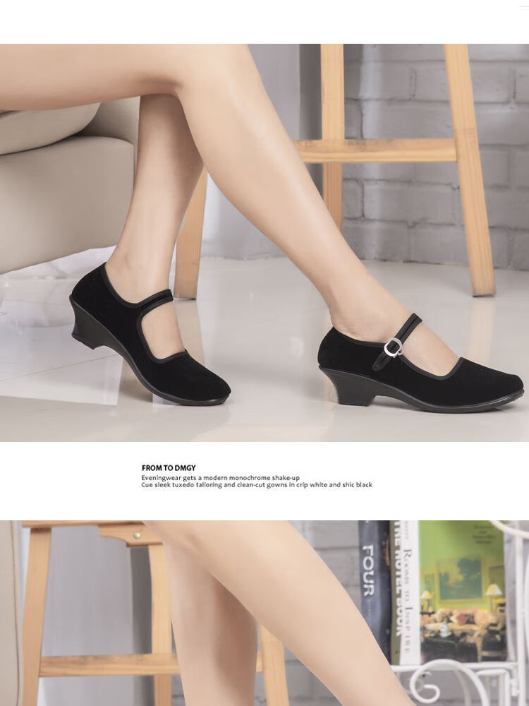 布鞋礼仪鞋广场跳舞舞蹈中跟黑平绒一带女单鞋红舞鞋黑色黑色高跟30