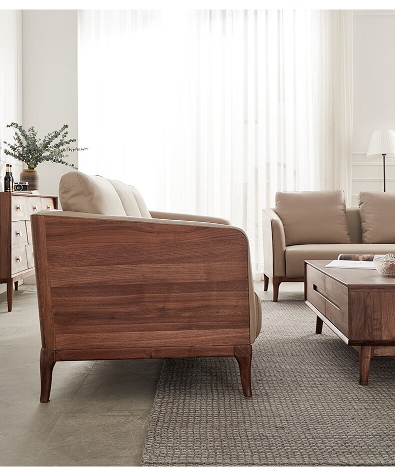 橡木沙发全实木 木制沙发 黑胡桃木真皮沙发意式简约轻奢实木沙发组合