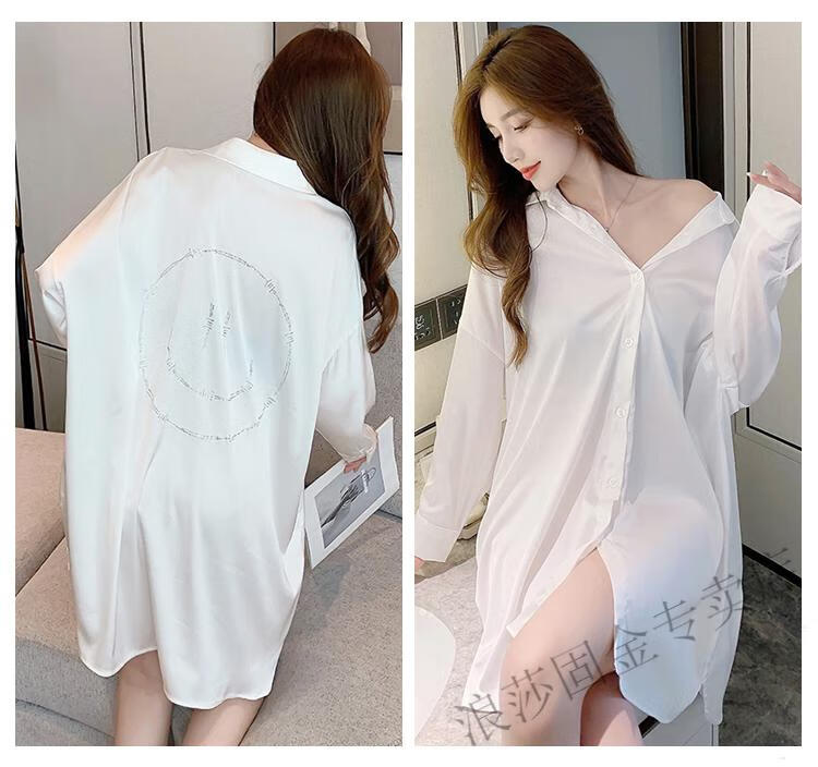 浪莎轻奢高档纯欲名媛风白衬衫女中长款睡衣女韩版可外穿冰丝绸大码bf