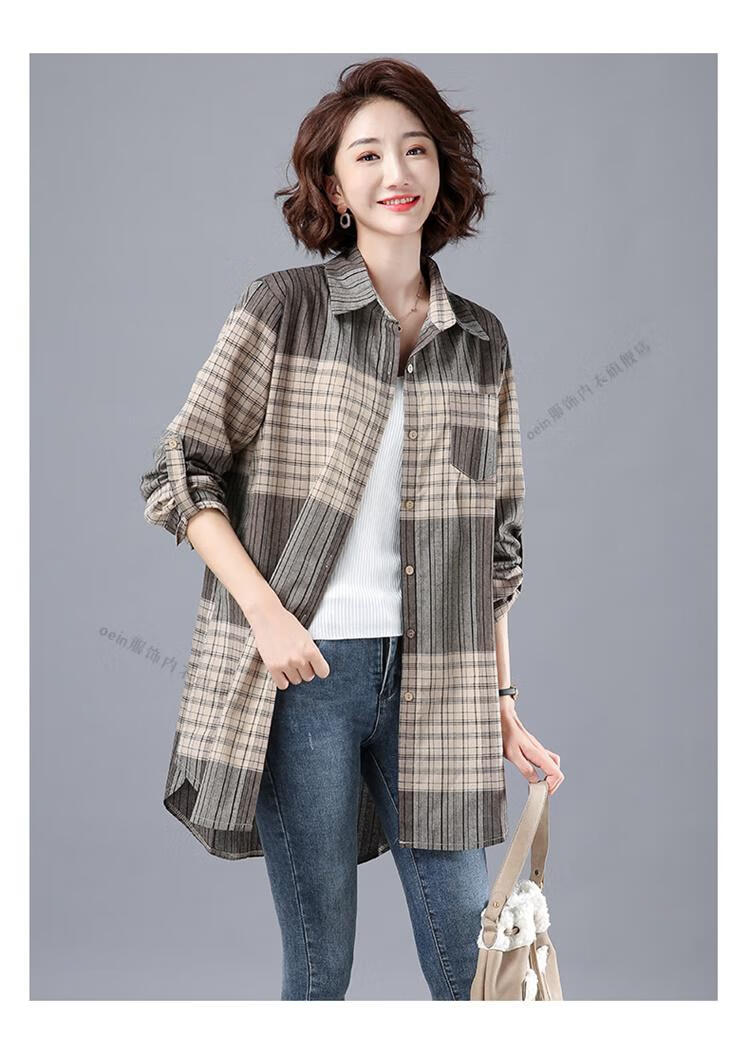 素素棉麻女装夏季减龄洋气格子棉麻衬衫上衣春夏新款文艺宽松亚麻衬衣