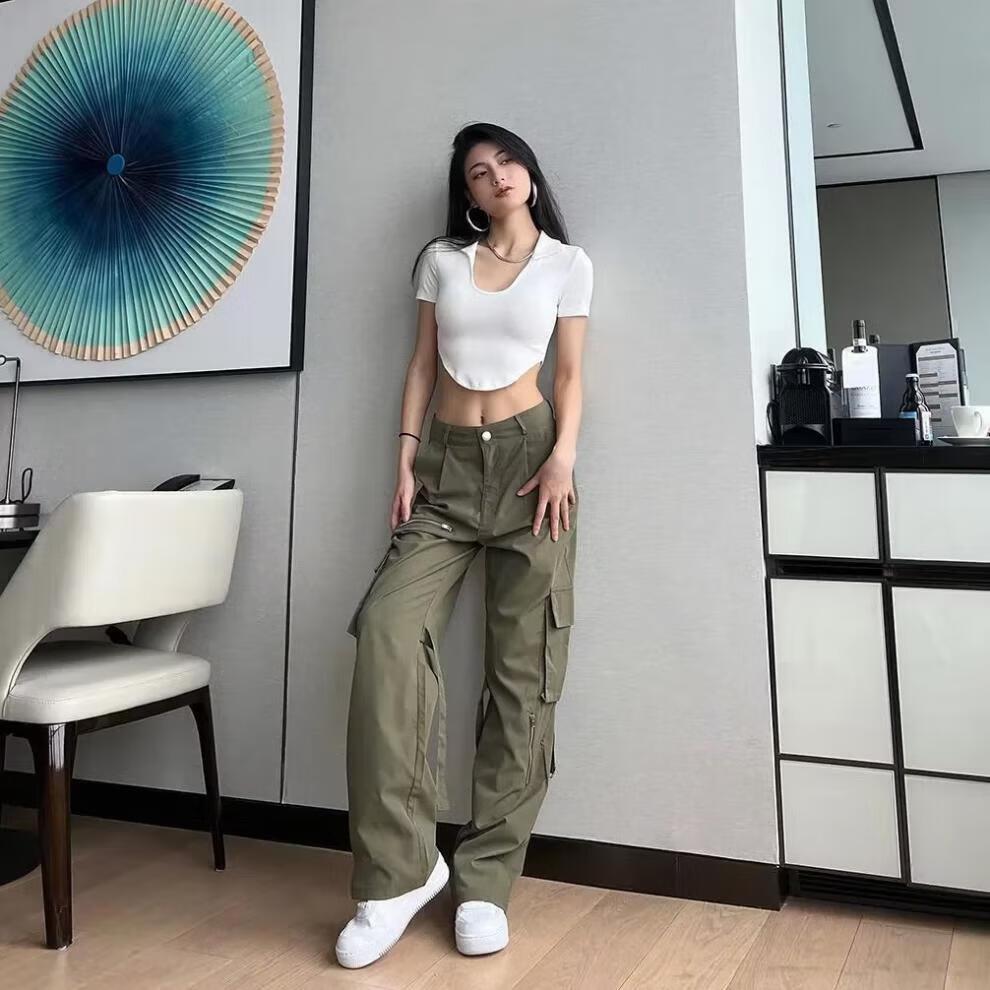 元族 街头风直筒军绿色工装裤女夏宽松休闲裤欧美ins辣妹阔腿裤 绿色