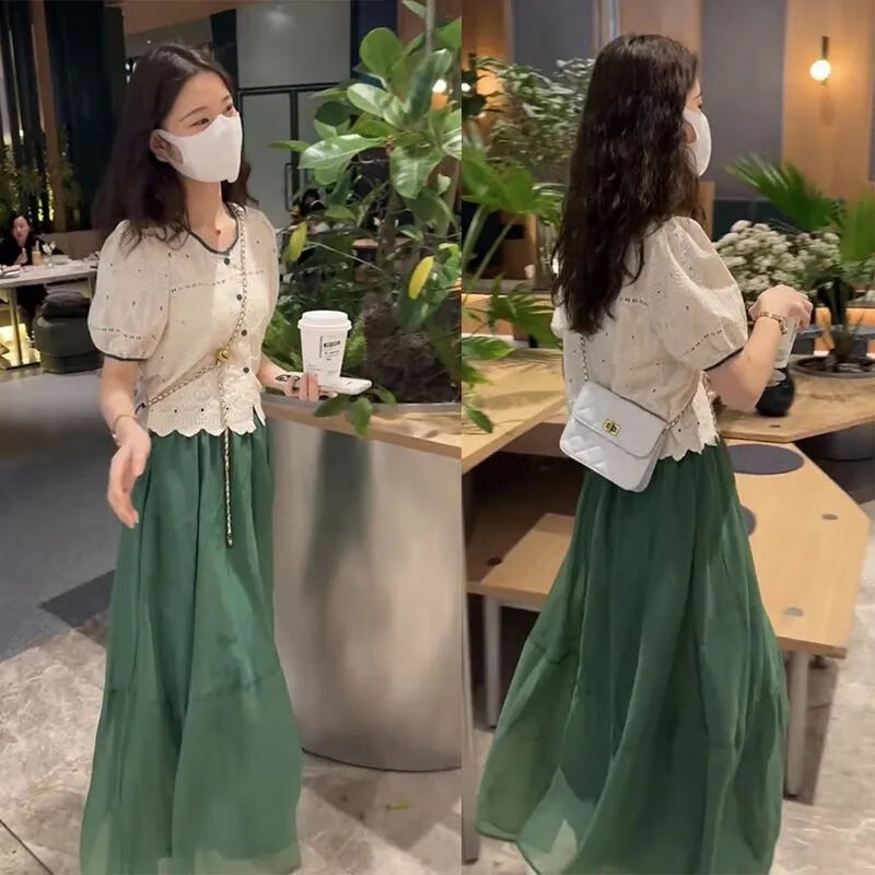 夏季半身裙裙子港风通勤蕾丝上衣纱裙套装清新刺绣蕾丝衬衫欧根纱半身