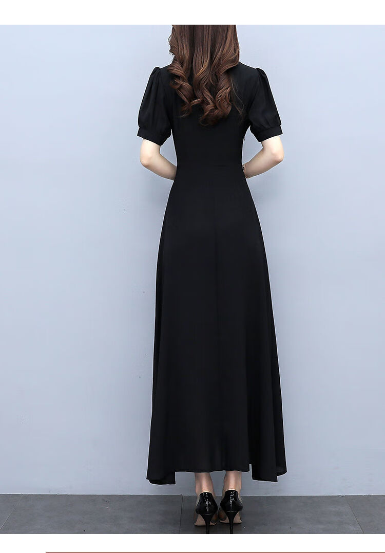 黑色方领泡泡袖连衣裙女2022夏季新款过膝长裙修身显瘦连衣裙黑色长款