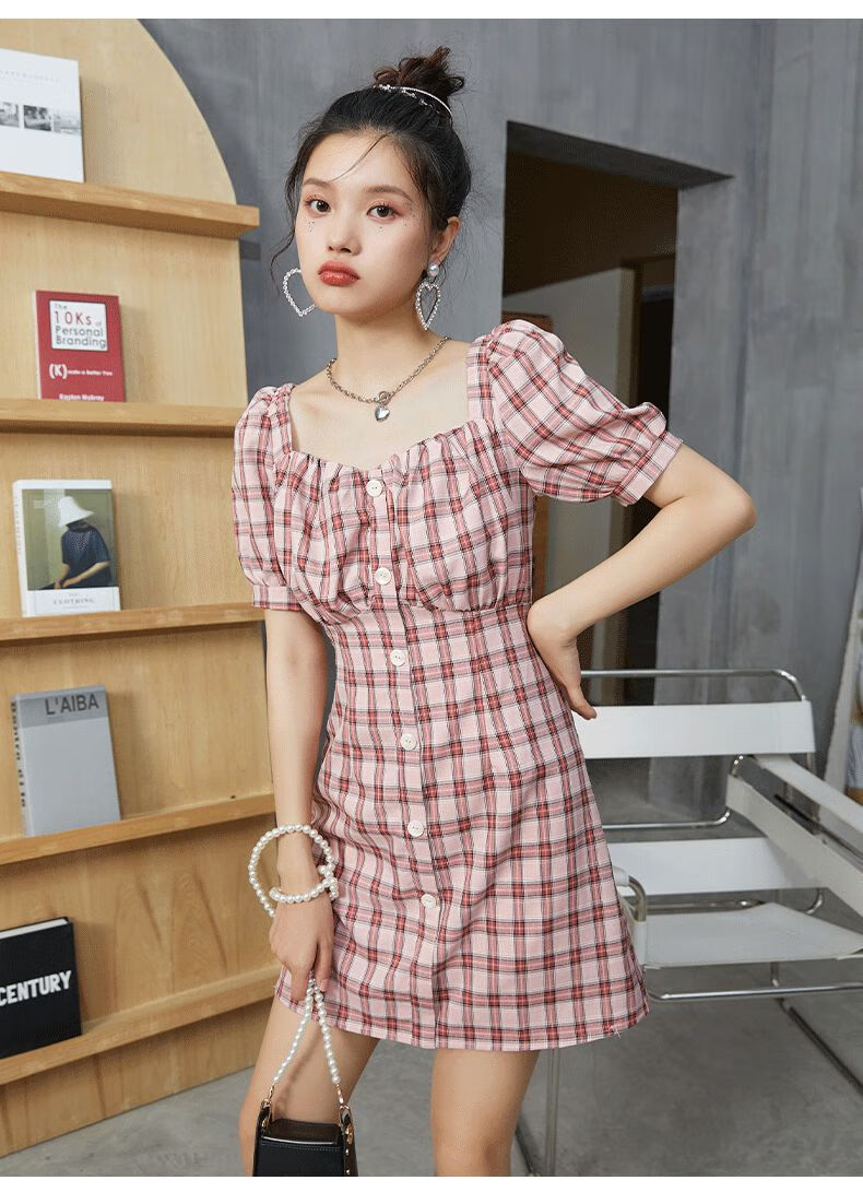 阿依莲韩版高腰修身海鸥领格子连衣裙夏新款 雾粉玫瑰 s【图片 价格