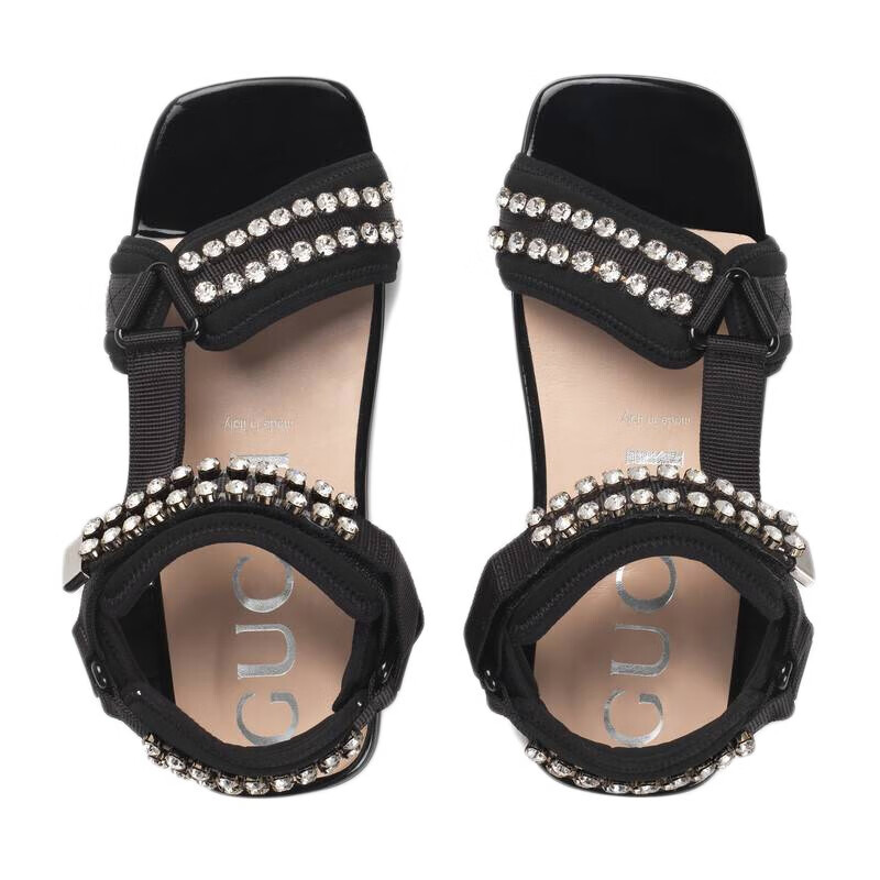 gucci古驰女鞋帆布水晶一字带平底凉鞋573573 hg140 1000黑色代购 35