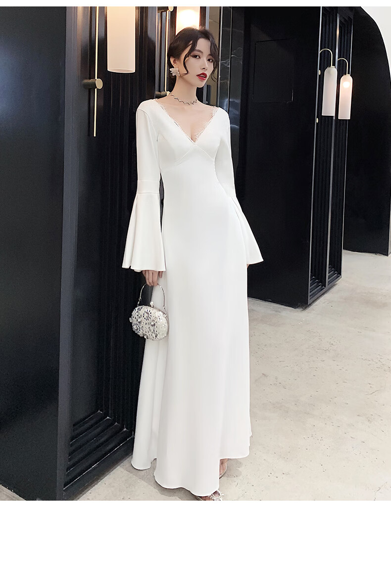 妍汀洛晚礼服连衣裙宴会气质白色v领缎面轻婚纱礼服女2020新款长款重