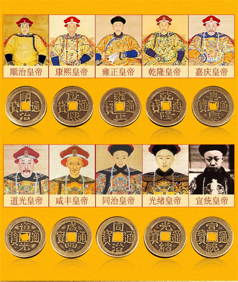 红绳五帝钱挂件顺治康熙雍正乾隆嘉庆道光咸丰同治光绪宣统一套散九帝