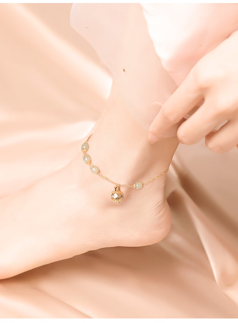 吉宏宫铃复古风和田玉脚链女学生时尚饰品手链精致中国风铃铛足链本命