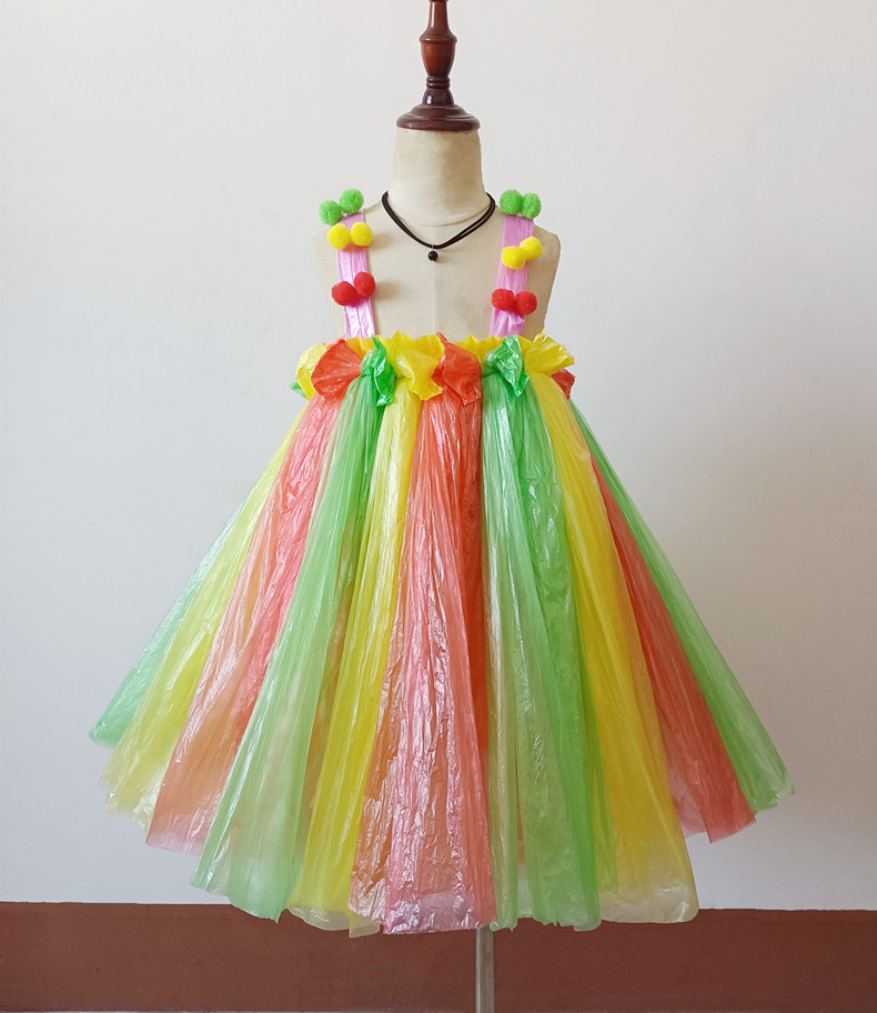 环保时装秀女孩幼儿园儿童走秀创意公主裙演出子手工制作裙 粉黄绿毛