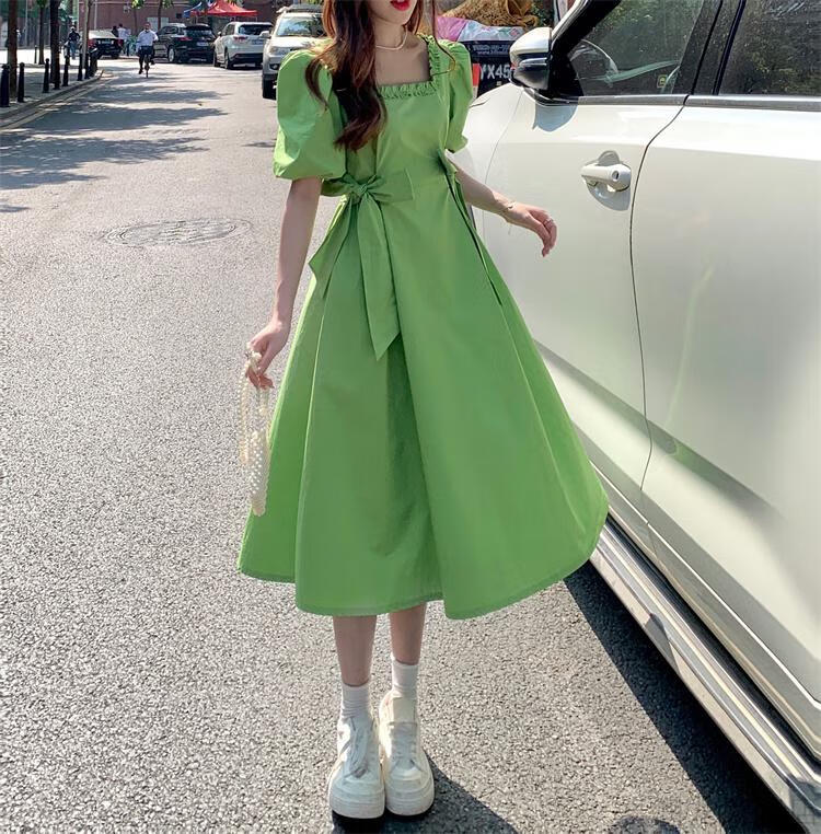 少女裙子夏天微胖泡泡袖女孩显瘦遮肚学生2022夏季蝴蝶结系带方领大码