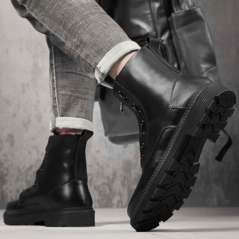 名曼前拉链男生马丁靴马靴男中帮绑带厚底色男靴户外欧美高腰高邦机车