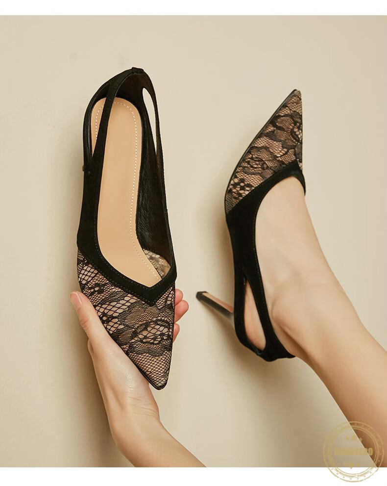 bsongero轻奢品牌高跟鞋女细跟性感蕾丝里外尖头浅口女士通勤气场穿搭