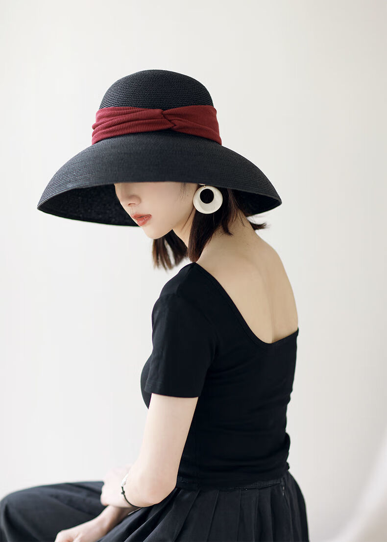 hnxc新品圆顶帽赫本时尚百搭草帽女夏天沙滩大帽檐出游防晒旅游度假
