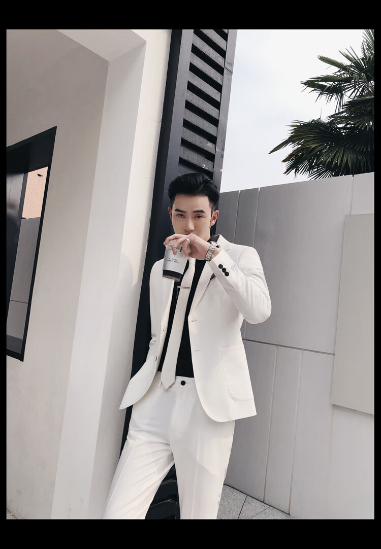 白色西装男双扣主持人绅士礼服套装帅气潮流学院风毕业西服男 黑色两