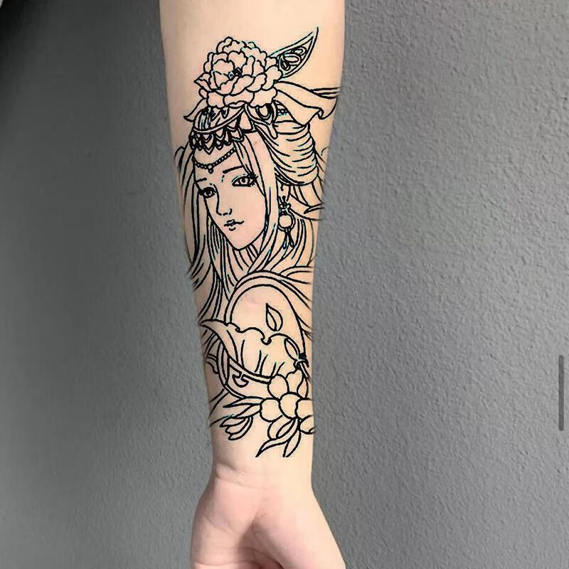 纹身贴花臂割线虞姬线条刺青色艺花臂小腿纹身贴貂蝉滴泪艺伎纹身防水
