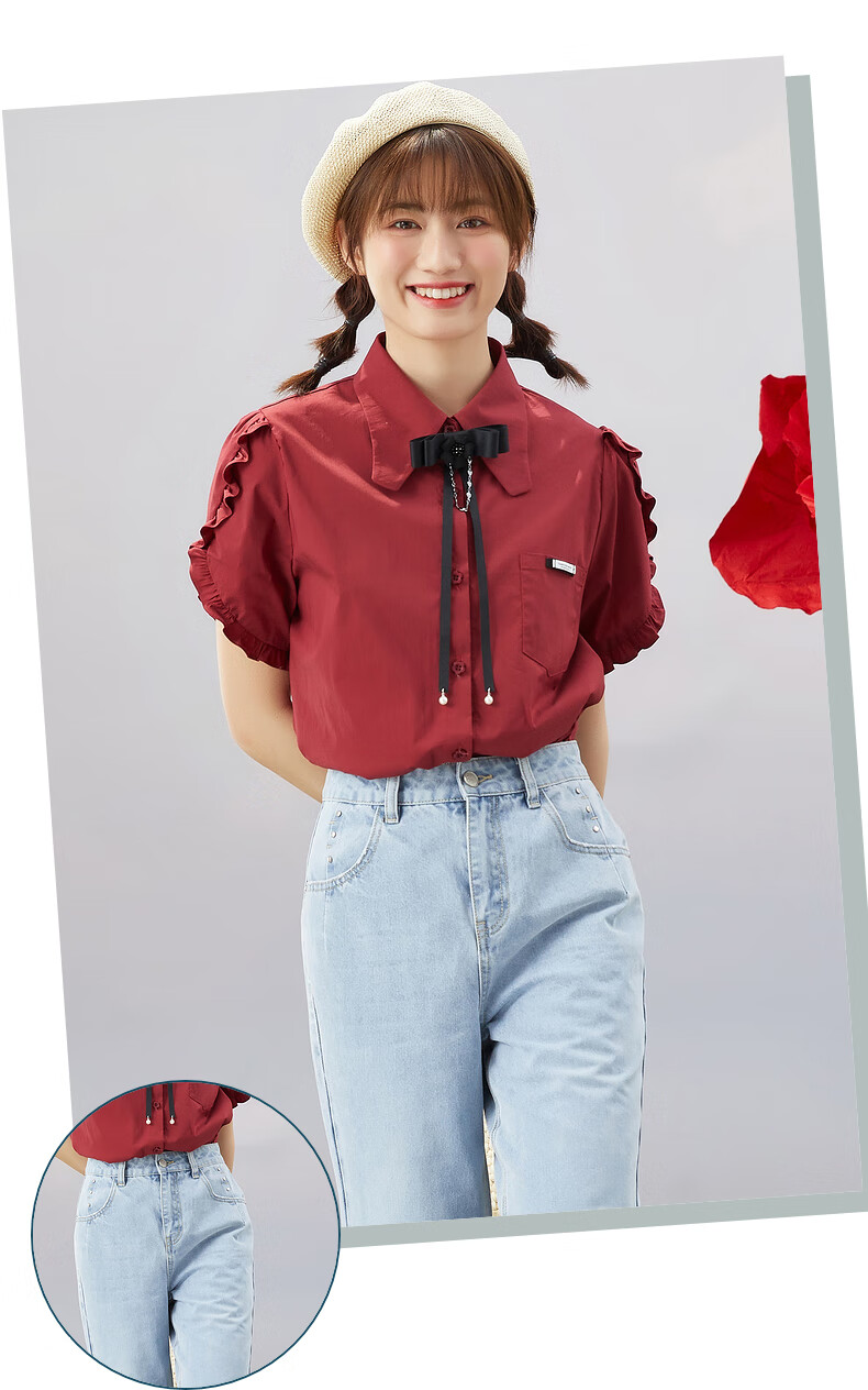紫涵木耳边开叉衬衫短袖女2022夏季新款甜美蝴蝶结森女系纯色衬衣复古