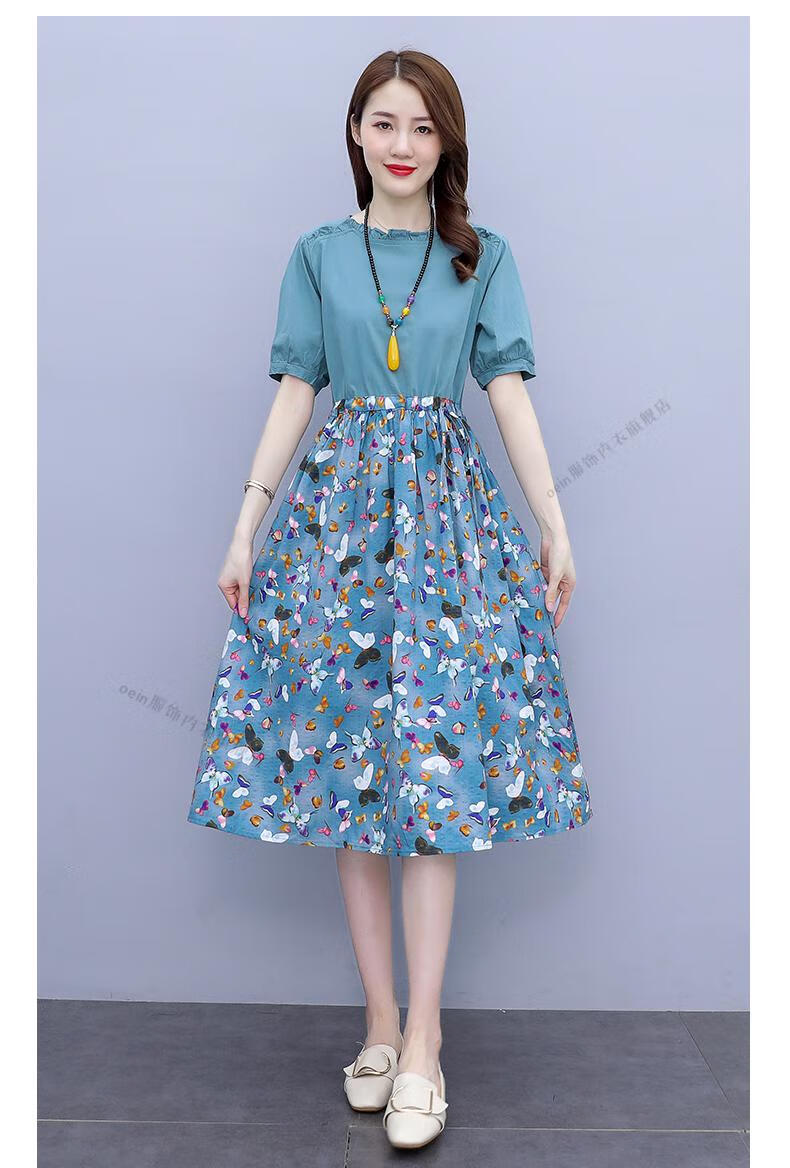 素素棉麻女装夏季棉麻连衣裙女夏装新款妈妈气质亚麻裙子女士时尚拼接