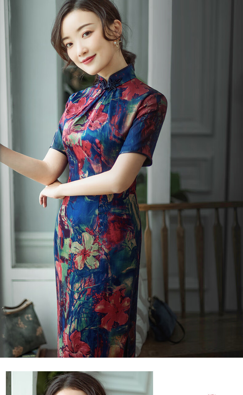 逸红颜榴花真丝香云纱大花旗袍中长款改良旗袍裙连衣裙女士旗袍花色s