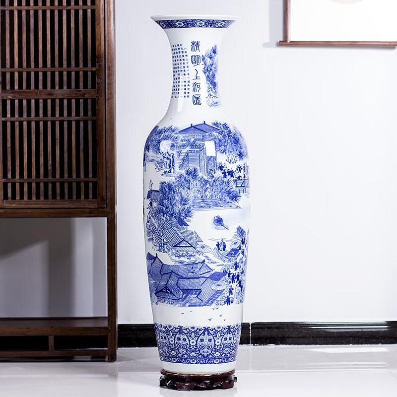 骄意轻奢陶瓷器落地大花瓶仿古清明上河图青花瓷客厅摆件酒店装饰992