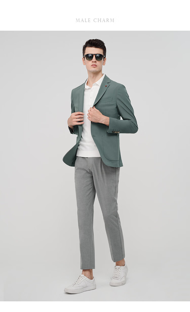 jodoll乔顿男单西外套2022新款韩版潮流休闲修身平驳领西装外套青绿色