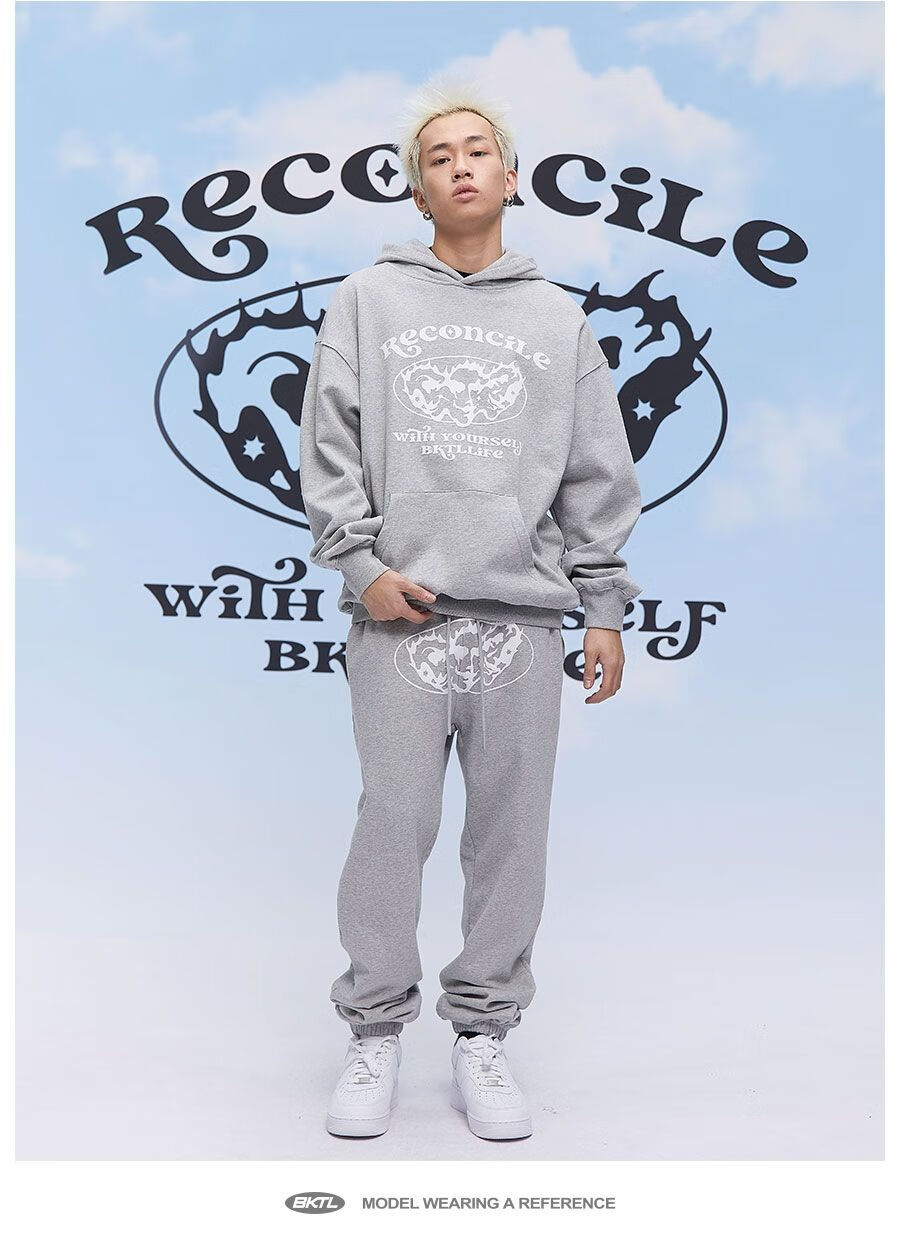 bktl 植绒印花美式复古hiphop宽松卫衣连帽男女ins国潮牌秋冬 黑色