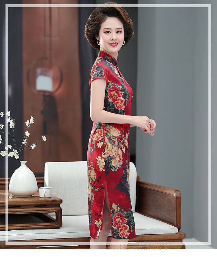 旗袍2022款气质中年妈妈旗袍中老年冰丝旗袍低领改良旗袍中长款夏红色