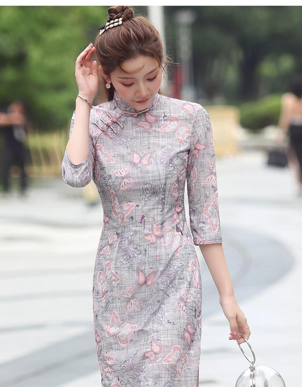 秀观唐香蝶2020秋季新款改良中国风网布优雅印花中长款修身旗袍裙