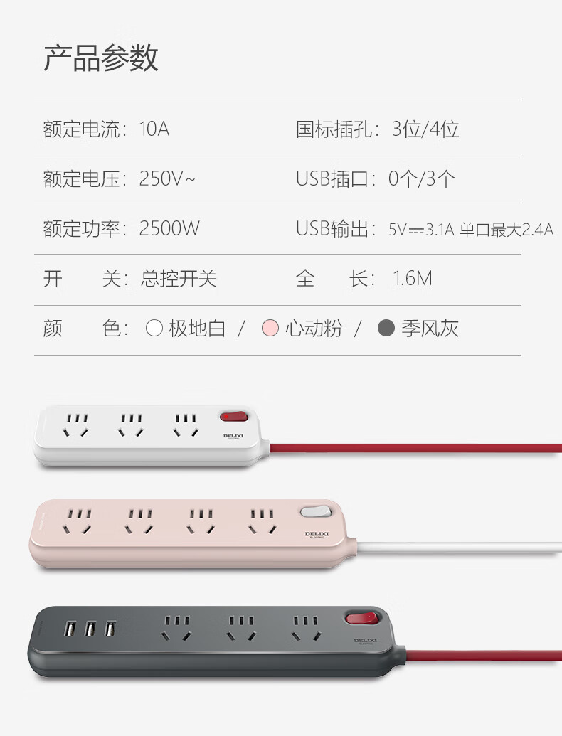 德力西(DELIXI)遇见系列新国标总控排插加粗铜线插座大学生宿舍接线板家用拖线板 季风灰色 三位五孔1.6米