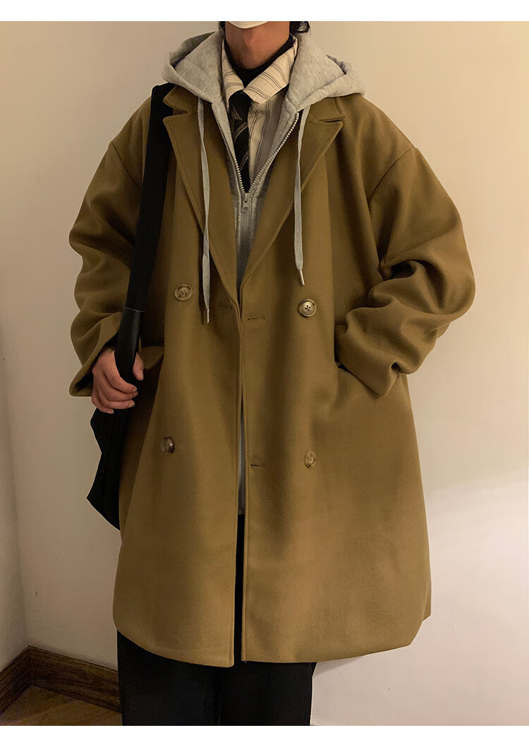 巴尔玛肯风衣 卡其色克苏鲁风衣男中长款感毛呢外套假两件连帽巴尔玛