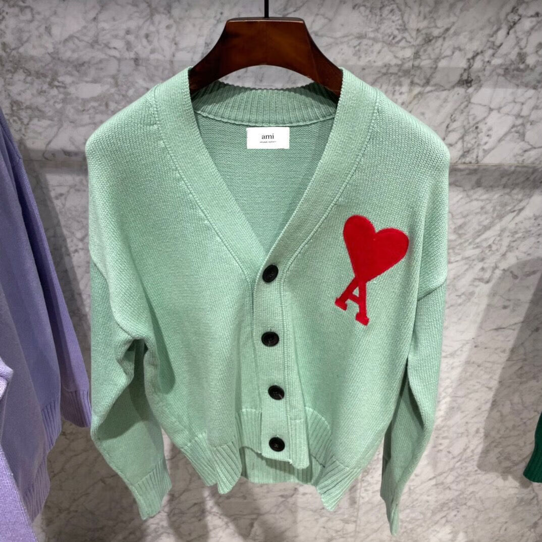 正确版本ami开衫爱心字母桃心a刺绣红心针织衫v领秋冬毛衣 2106深绿色